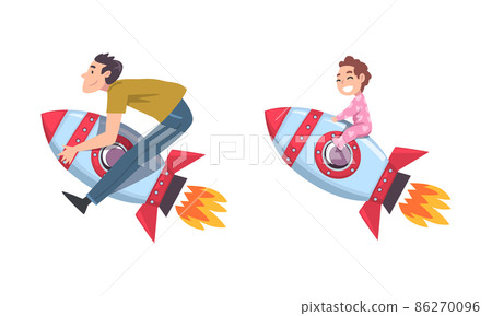 Man and Baby Flying on Space Rocket Moving Upward Vector Set Man and Baby Flying on Space Rocket Moving Upward Vector Set 86270096
