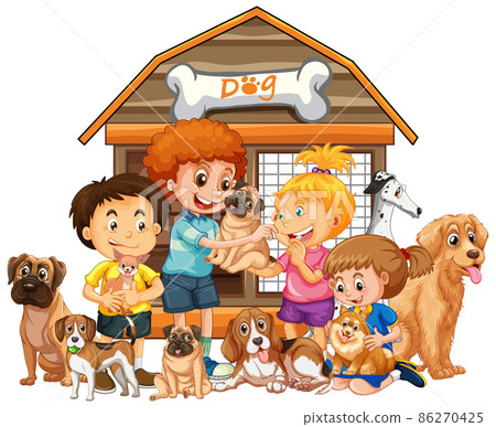 Happy children with their dogs in cartoon style 86270425