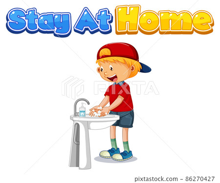 Stay At Home font design with a boy washing his hands on white background 86270427