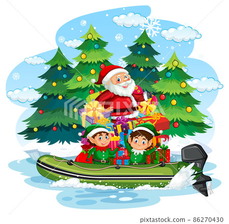 Santa Claus and elves delivering gifts by boat 86270430