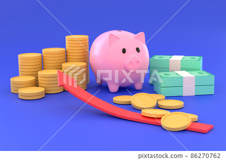 Piggy bank, stacks of coins, banknotes. concept business investment. Piggy bank, stacks of coins, banknotes. concept business investment. 86270762