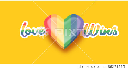 Love wins lettering for Pride month celebration with rainbow flag typography and pride heart on orange background. Love wins pride concept vector poster or banner design template 86271315