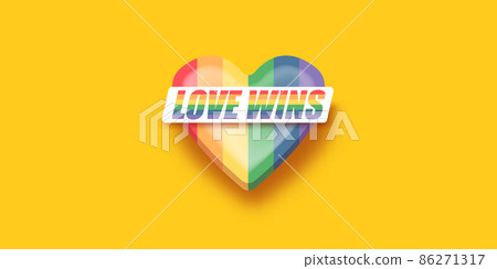 Love wins lettering for Pride month celebration with rainbow flag typography and pride heart on orange background. Love wins pride concept vector poster or banner design template 86271317