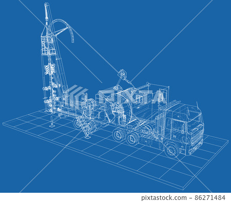 3d model outline coiled tubing truck. Wire-frame 86271484