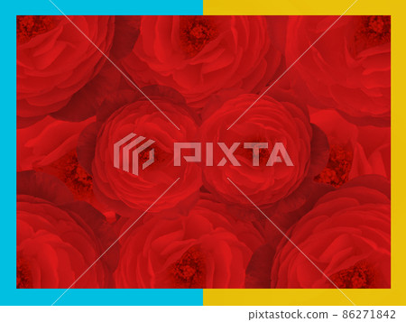 half red and yellow frame on red roses flower bouquet background, banner, template, name card, copy space 86271842