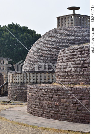 Vertical view of Stupa No 3 and another similar but smaller Stupa. World Heritage Site, Sanchi, Madhya Pradesh, India. 86272712