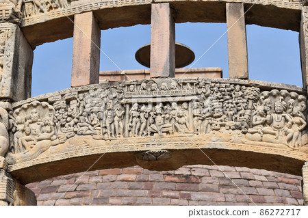 Stupa No 3, Bottom Architrave, Nandanavana with Indra details. World Heritage Site, Sanchi, Madhya Pradesh, India. 86272717