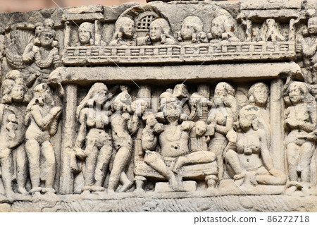 Stupa No 3, Bottom Architrave, Closeup of Nandanavana with Indra details. World Heritage Site, Sanchi, Madhya Pradesh, India. 86272718