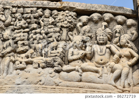 Stupa No 3, Bottom Architrave, Closeup of Nandanavana with Indra details. World Heritage Site, Sanchi, Madhya Pradesh, India. Stupa No 3, Bottom Architrave, Closeup of Nandanavana with Indra details. World Heritage Site, Sanchi, Madhya Pradesh, India. 86272719