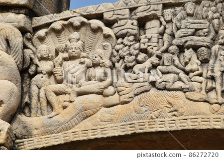 Stupa No 3, Bottom Architrave, Closeup of Nandanavana with Indra details. World Heritage Site, Sanchi, Madhya Pradesh, India. Stupa No 3, Bottom Architrave, Closeup of Nandanavana with Indra details. World Heritage Site, Sanchi, Madhya Pradesh, India. 86272720