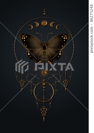 Moon Phases an butterfly logo template, Sacred Geometry, boho style, Gold Wicca icon, dream catcher symbol, golden magic hipster tattoo, Mystic symbology, vector isolated on black background 86273248
