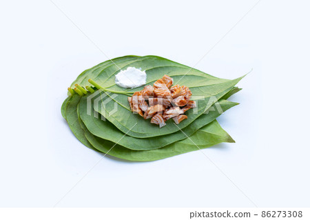 Chewing betel nut, Betel nut with cal lime powder on betel leaves Chewing betel nut, Betel nut with cal lime powder on betel leaves 86273308