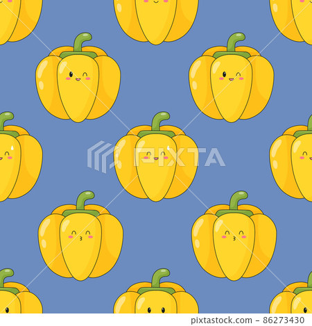 Seamless pattern of cute kawaii yellow pepper. Vegetable print with different emotions of pepper. Flat vector. 86273430