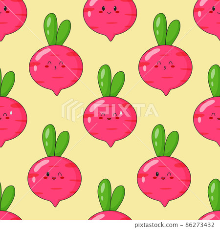 Seamless pattern of cute kawaii radish. Vegetable print with different emotions of radish. Flat vector 86273432