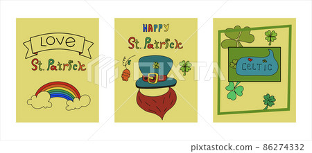 St. Patrick s Day greeting cards with hand-drawn pictures. A doodle of beer, Ireland, pub, bar, party. Template for a postcard, invitation, advertisement or banner for the Irish holiday of March 17 86274332