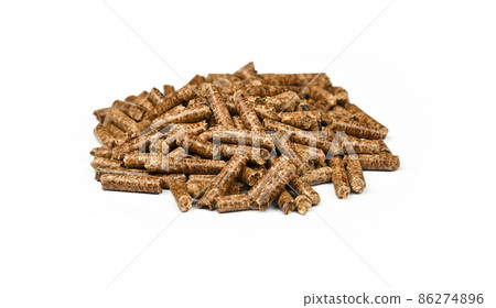 Heap of hardwood pellets for food smoking on white Heap of hardwood pellets for food smoking on white 86274896