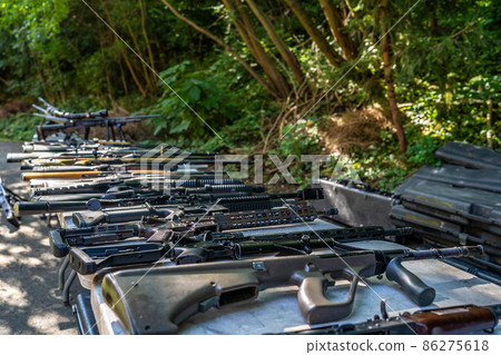 automatic weapons of various kinds on the table 86275618