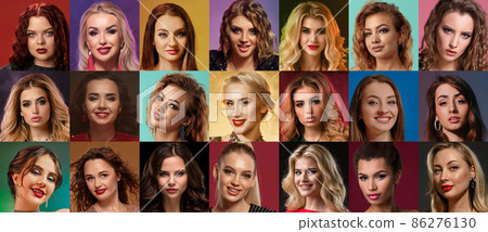 Collage of gorgeous women faces expressing different facial emotions. Studio shot against colorful backgrounds Collage of gorgeous women faces expressing different facial emotions. Studio shot against colorful backgrounds 86276130