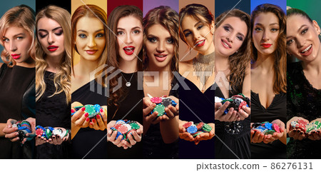 Collage of girls in stylish dresses and jewelry. They smiling, showing handfuls of chips, posing against colorful backgrounds. Poker, casino. Close-up Collage of girls in stylish dresses and jewelry. They smiling, showing handfuls of chips, posing against colorful backgrounds. Poker, casino. Close-up 86276131
