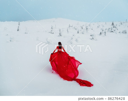 Young beautiful woman in long red dress over winter hill background and snowfall. Fairy tale girl on polar winter landscape. View from the back. Young beautiful woman in long red dress over winter hill background and snowfall. Fairy tale girl on polar winter landscape. View from the back. 86276428