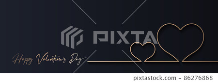 Valentines day banner design. Golden line heart on black horizontal background. Luxury love symbol. Continuous line drawing two hearts. Minimalist romantic greeting card concept. Vector illustration 86276868
