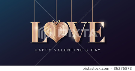 Love text effect. Gold lettering love for valentines day. Hanging gold metallic lettering on blue background. Elegant banner template design. Happy valentines day card. Vector illustration Love text effect. Gold lettering love for valentines day. Hanging gold metallic lettering on blue background. Elegant banner template design. Happy valentines day card. Vector illustration 86276878