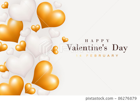 Happy valentines day romantic banner background with realistic white and gold heart shapes. Elegant greeting card template design. Suit for poster, banner, wedding, invitation, postcard Happy valentines day romantic banner background with realistic white and gold heart shapes. Elegant greeting card template design. Suit for poster, banner, wedding, invitation, postcard 86276879