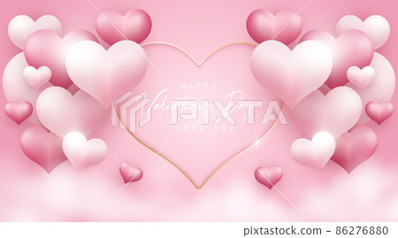 Happy valentines day card. Realistic pink 3d hearts shape with white cloud elements on pink background. Paper cut pink heart shape with gold line and shadow. Pink luxury realistic style vector Happy valentines day card. Realistic pink 3d hearts shape with white cloud elements on pink background. Paper cut pink heart shape with gold line and shadow. Pink luxury realistic style vector 86276880
