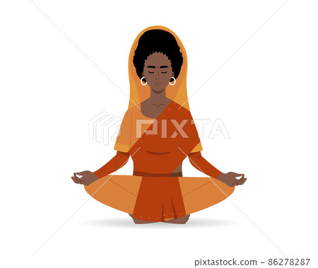Indian priestess is sitting and doing meditation. Indian woman in lotus posture Indian priestess is sitting and doing meditation. Indian woman in lotus posture 86278287