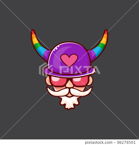 Funky old gay with beard, summer sunglasses, and funny hat with LGBT rainbow horns isolated on grey background. Gay pride icon, symbol or homosexual graphic label for printing on tee 86278501