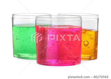 Colorful slimes in plastic containers isolated on white. Antistress toy Colorful slimes in plastic containers isolated on white. Antistress toy 86278568