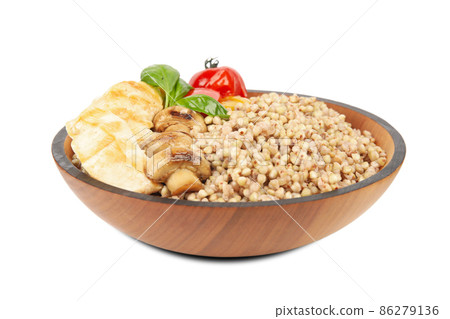 Tasty buckwheat porridge with meat and mushrooms isolated on white 86279136