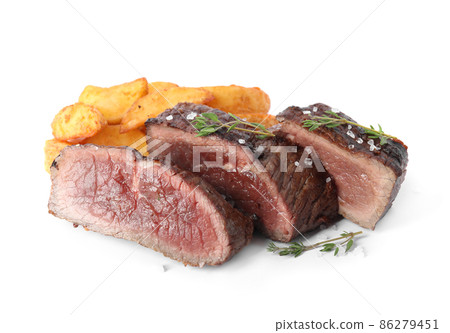 Delicious sliced beef steak with fried potatoes isolated on white 86279451