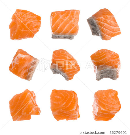 Set with pieces of fresh raw salmon on white background. Fish delicacy 86279691