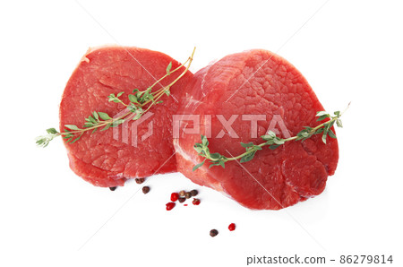 Fresh raw beef cut with thyme and peppers mix isolated on white, top view 86279814