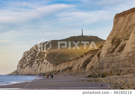 Seascape of the opal coast of Cap Blanc Nez, showing the Monument at Cape white Nose France on top Seascape of the opal coast of Cap Blanc Nez, showing the Monument at Cape white Nose France on top 86280218