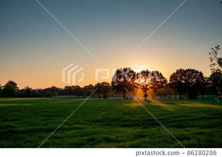 A Wide Angle View of a Beautiful Meadow with some mist under a blue sky at sunrise or sunset with 86280286