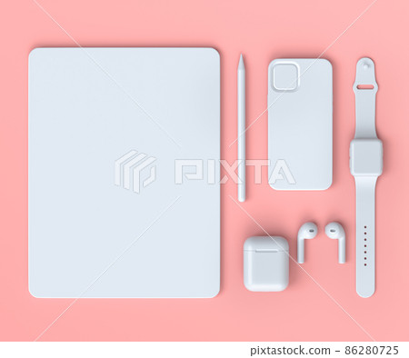Computer tablet with stylus, smart watch, phone and headphones on pink . Computer tablet with stylus, smart watch, phone and headphones on pink . 86280725