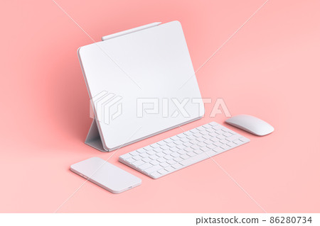 Computer tablet with keyboard, mouse and phone isolated on pink background. Computer tablet with keyboard, mouse and phone isolated on pink background. 86280734