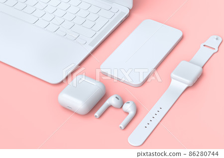 Realistic laptop with smart watch, headphones and phone on pink 86280744