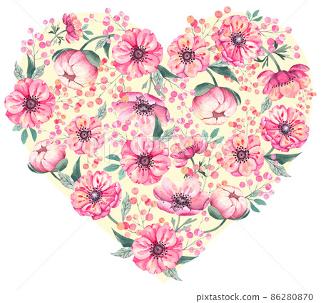 Watercolor heart of anemone flowers on a white background Watercolor heart of anemone flowers on a white background 86280870