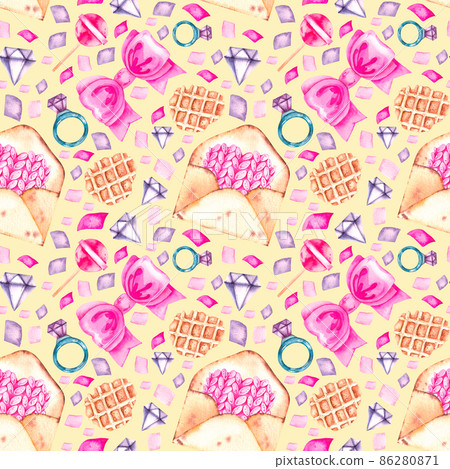 Watercolor pattern for Valentine's day with hearts, envelopes, waffles, bows, pencils, gingerbread, crystals Watercolor pattern for Valentine's day with hearts, envelopes, waffles, bows, pencils, gingerbread, crystals 86280871