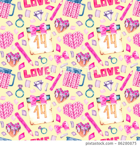 Watercolor pattern for Valentine's day with hearts, calendars, bows, pencils, gingerbread 86280875