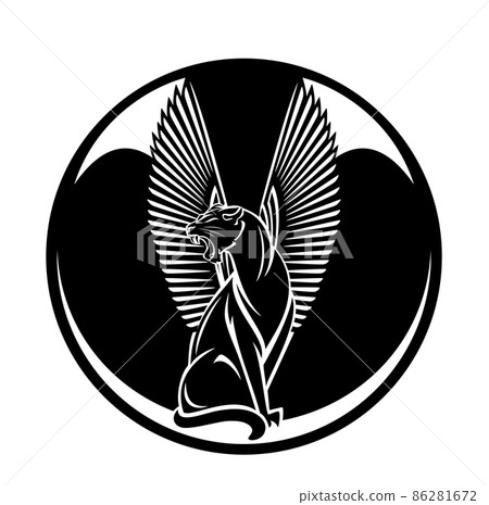 sitting winged panther cat with ancient egypt style decor black vector emblem design sitting winged panther cat with ancient egypt style decor black vector emblem design 86281672