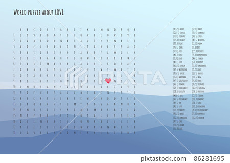 Valentines day word puzzle crossword - find the listed words about love in the brain work puzzle. attentiveness test, riddle game in English. words are located forward and down 86281695