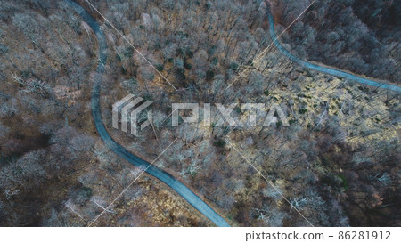 Narrow road in misty forest, aerial view. 86281912