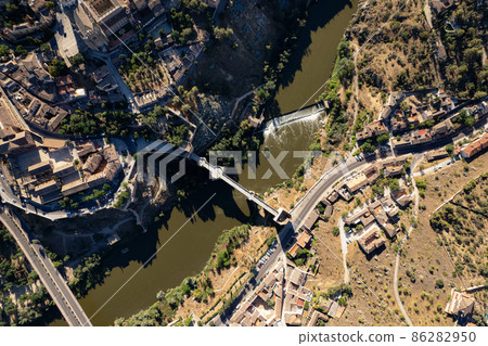 Aerial panoramic drone point of view historical city of Toledo. Spain 86282950