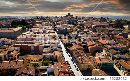 Drone point of view Avila cityscape rooftops. Spain 86282982