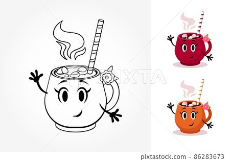 Vector cartoon cup coloring book. Contour illustration witn hot drink and marshmallow. Color variations Vector cartoon cup coloring book. Contour illustration witn hot drink and marshmallow. Color variations 86283673