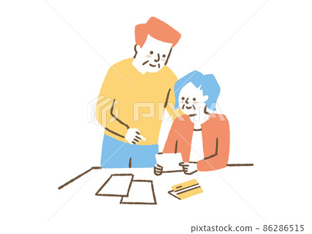 Couple _ color to review household budget by looking at materials Couple _ color to review household budget by looking at materials 86286515